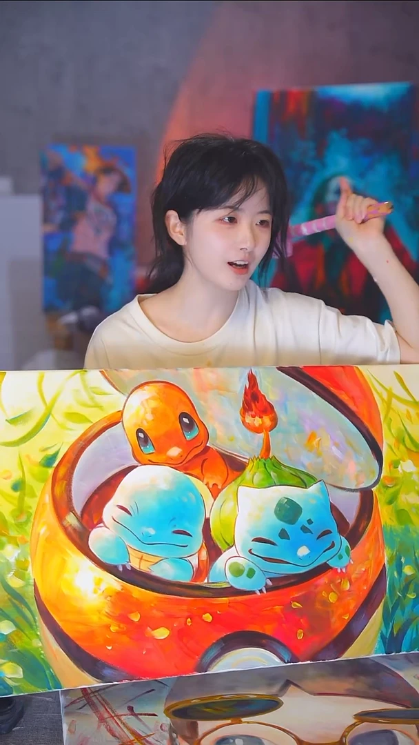 油画中****粉宝可梦三幻神丙烯画纯手绘