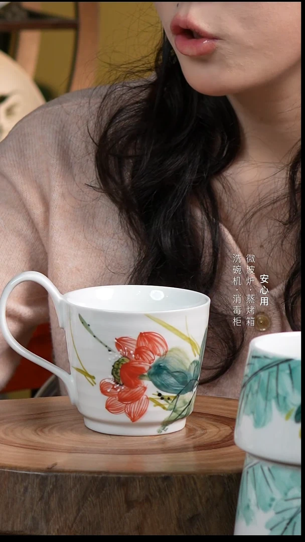 瓷景德镇高温手绘釉下彩300CC大耳朵咖啡杯