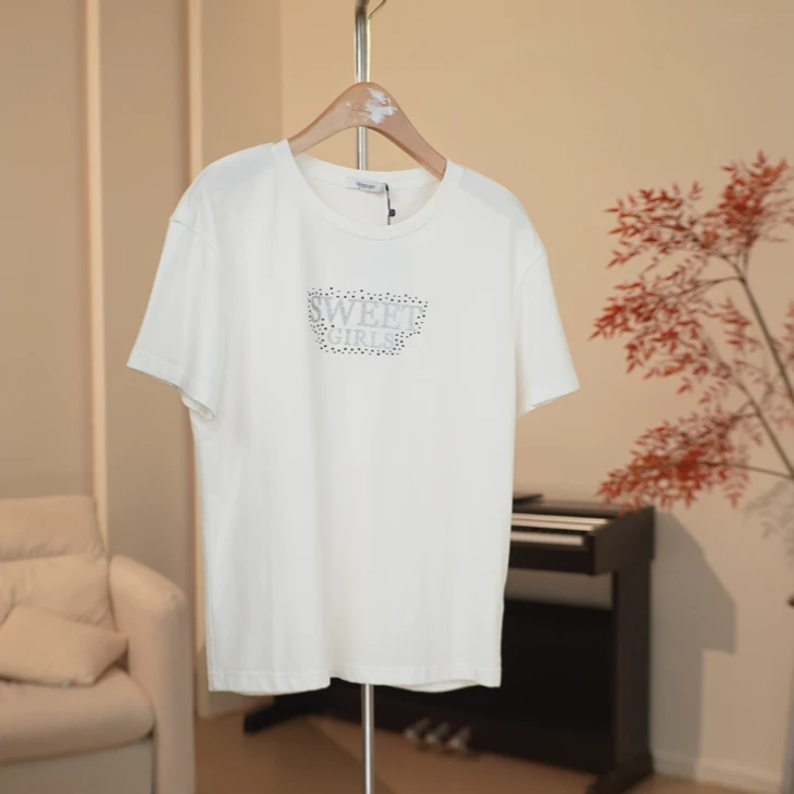 G097 字母印花烫钻装饰短袖白T恤女 5C03