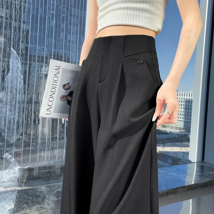 黑色阔腿裤女春秋高腰垂感松弛感西装裤休闲弯刀慵懒松弛感灰色裤