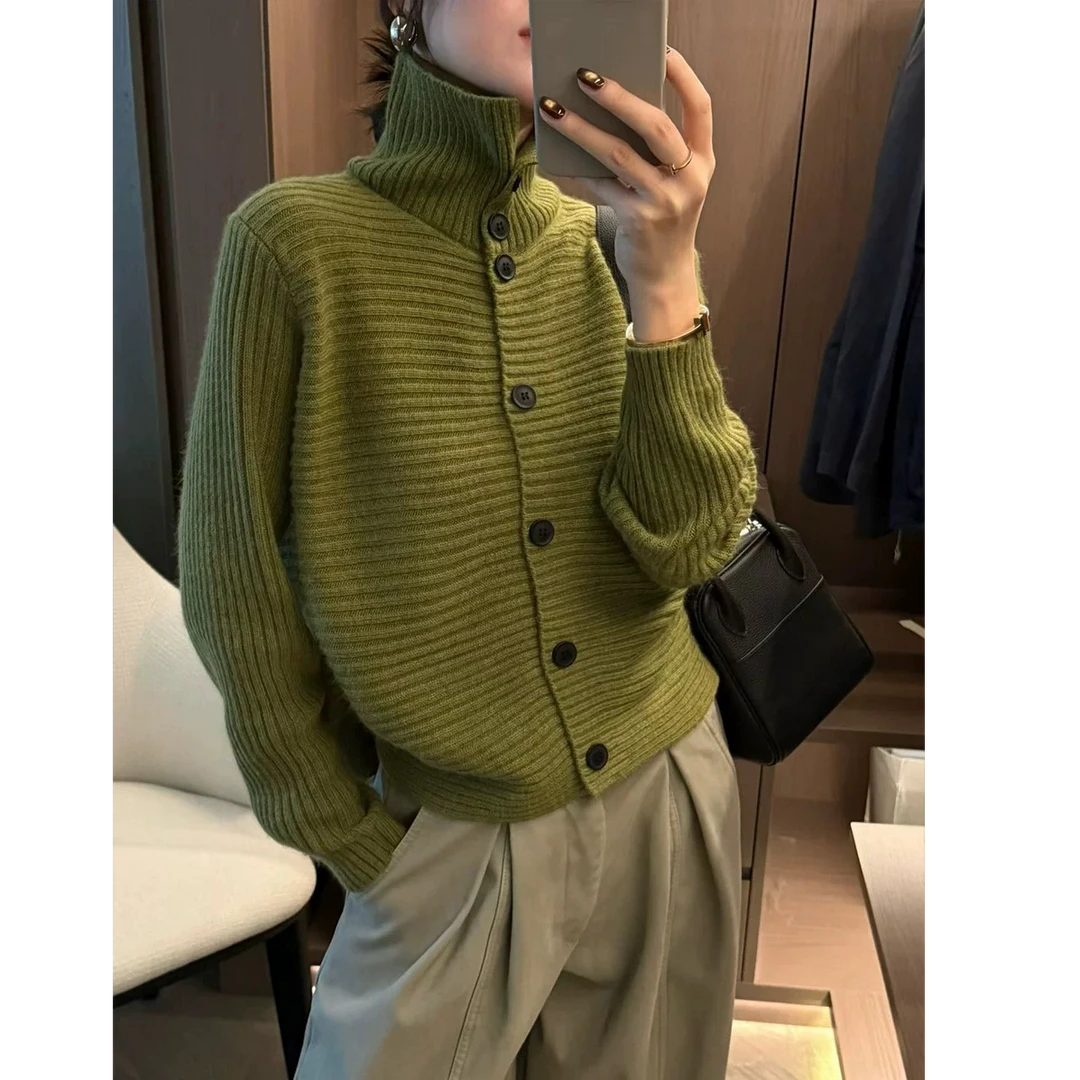 3439韩系老钱风高领针织开衫女秋冬季新款慵懒风休闲显瘦减龄