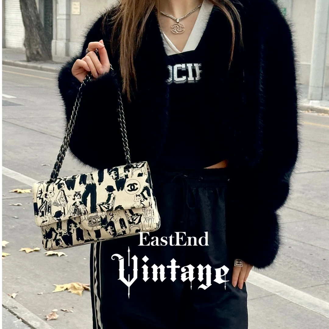 95新 Chanel/香奈儿 東区-黑白帆布中号cf单肩包/87640