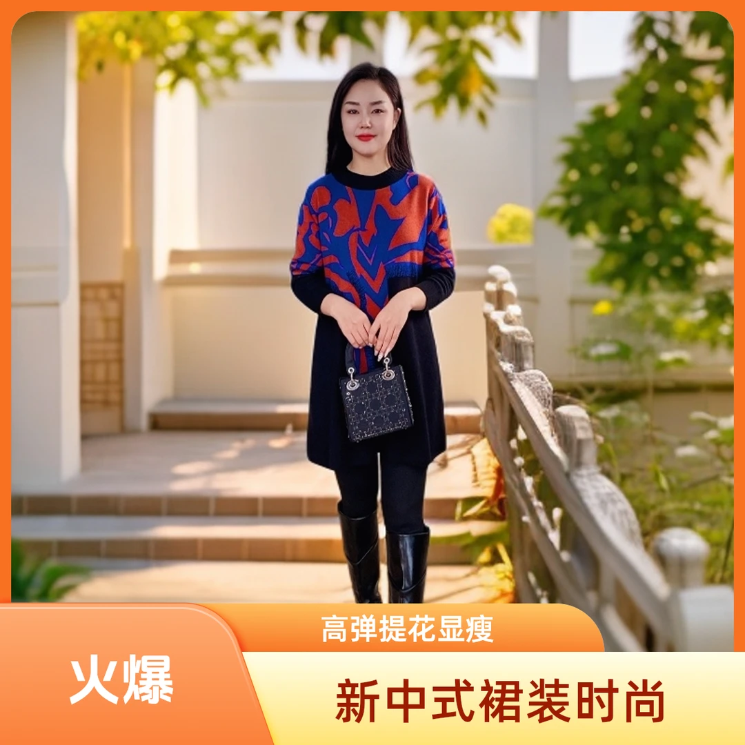350时尚网红高档百搭显瘦秋冬针织连衣裙提花不褪色高弹力新中式