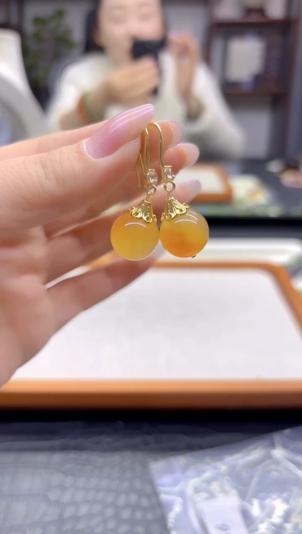 14K金镶嵌翡翠耳饰DIY款E966