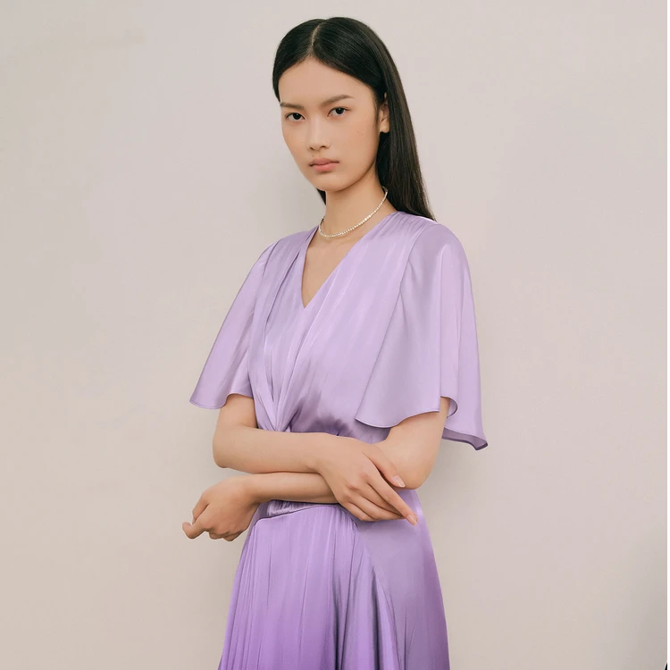 OBBLIGATO奥丽嘉朵烟灰扭结褶皱设计褶摆连衣裙1C34205350