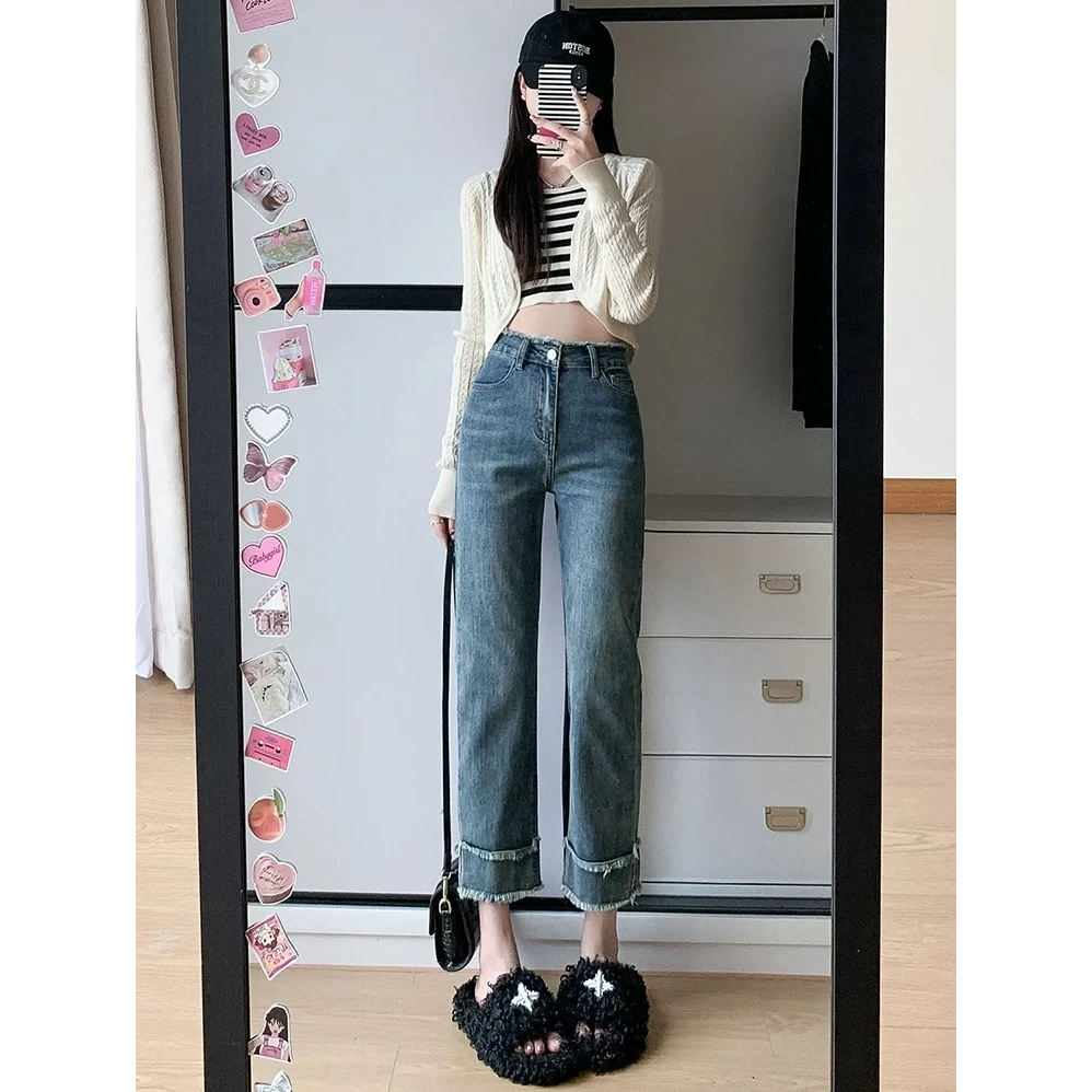 毛边直筒九分牛仔裤女秋季新款高腰四面弹力显瘦小个子烟管裤576