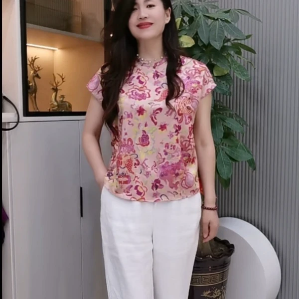 09-过肩新中式缎面印花立领上衣