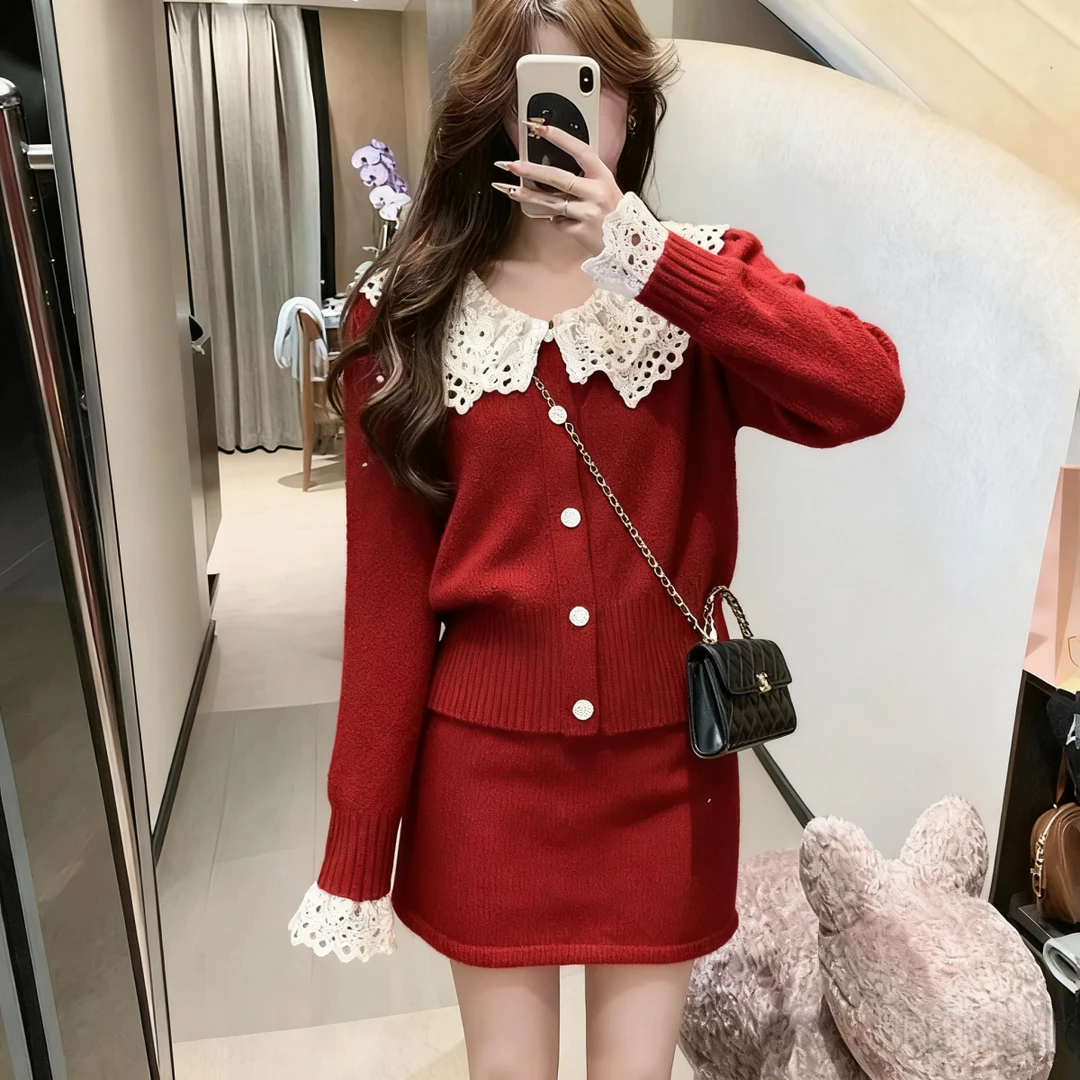韩系气质蕾丝拼接毛女秋冬收腰显瘦短款长袖针织开衫半身裙两件套