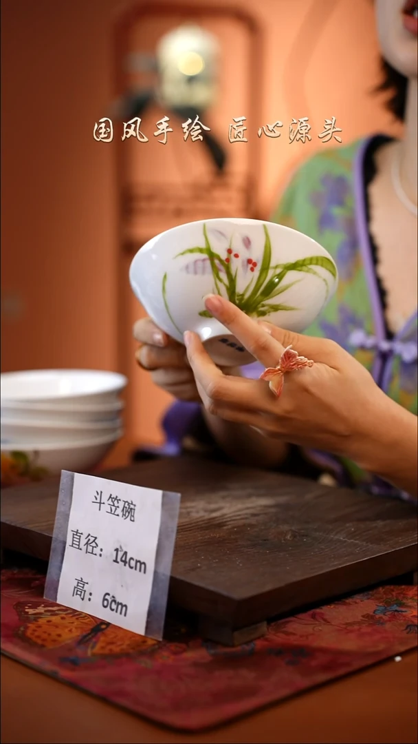 陶瓷景德镇高温釉中彩斗笠碗直径14高6