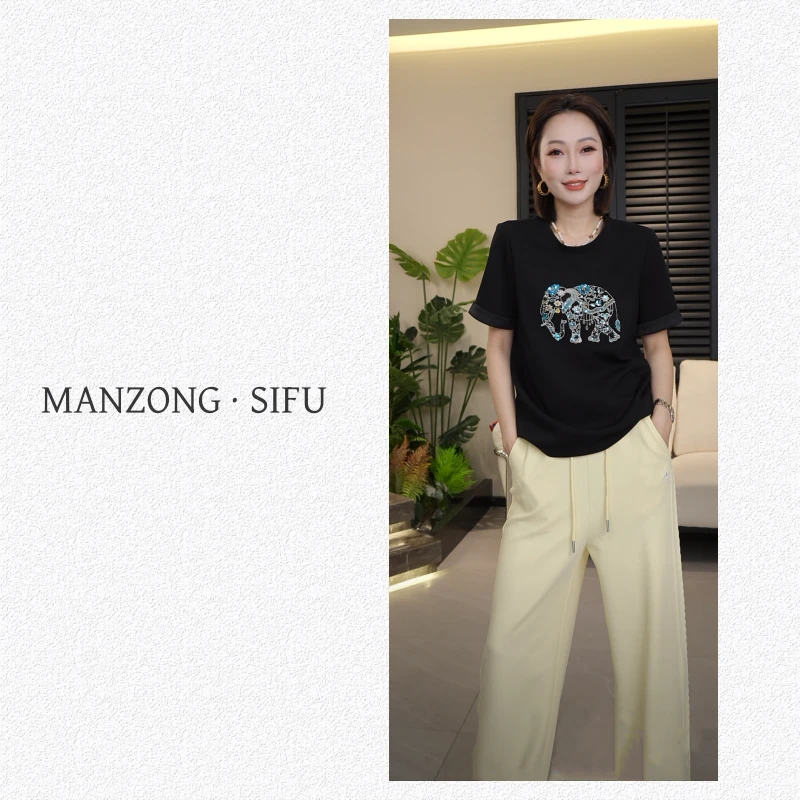 MANZONG·SIFU「春季新款」重工钉珠亮片大象T恤2505