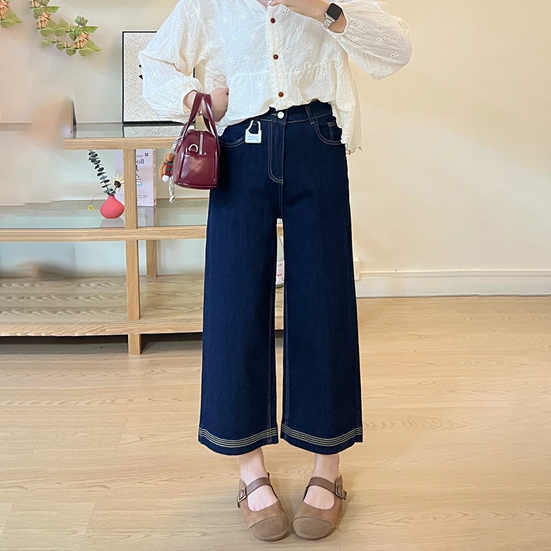 深蓝色百搭阔腿牛仔裤女早秋新款大码胖mm腿粗宽松显瘦九分直筒裤