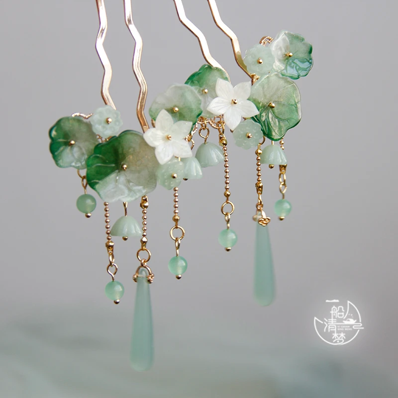 一船清梦 江南可采莲 绿色荷叶发簪古风清新簪子汉服头饰流苏钗子