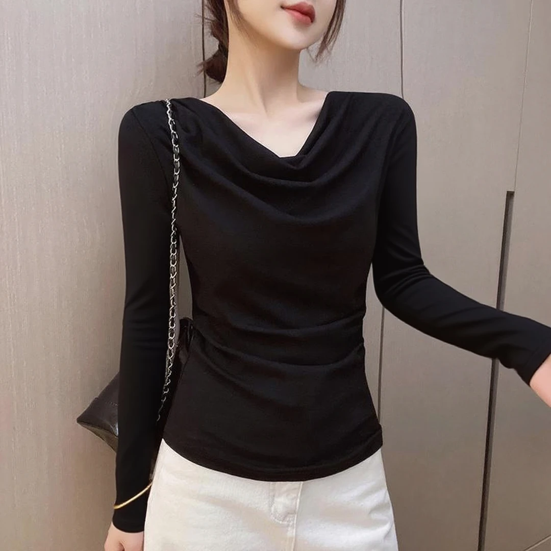 黑色荡领正肩t恤女长袖秋季2025新款褶皱设计感修身半袖体恤上衣