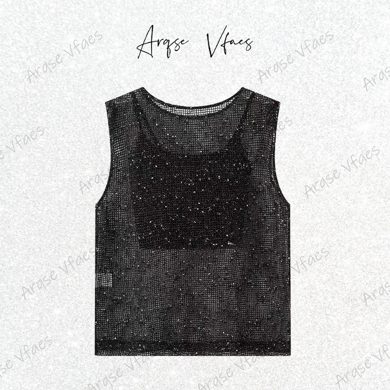 [ARQSEVFAES正品]—2025夏新款圆领无袖镂空黑色针织衫上衣Y666810