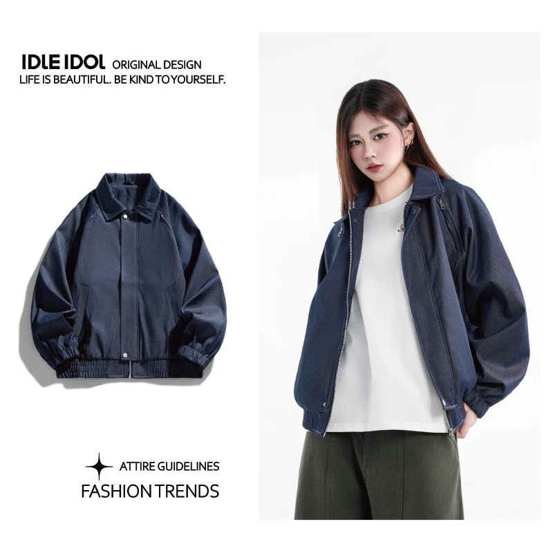 IDLE IDOL新款秋季显瘦翻领水洗复古潮流美式上衣工装夹克外套