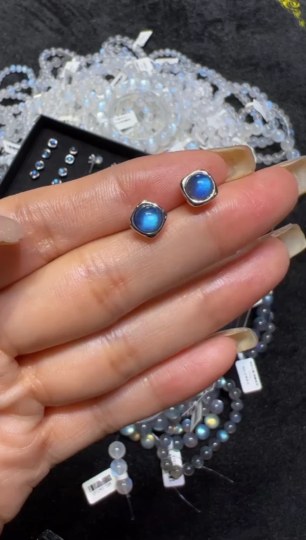 长石耳钉银S925镶嵌灰月光耳钉  默认微瑕介意勿拍