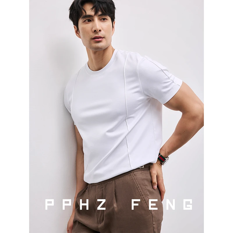 38%莫代尔の舒适 拼接帅气冰丝垂坠 夏季简约纯色棉圆领短袖T恤男