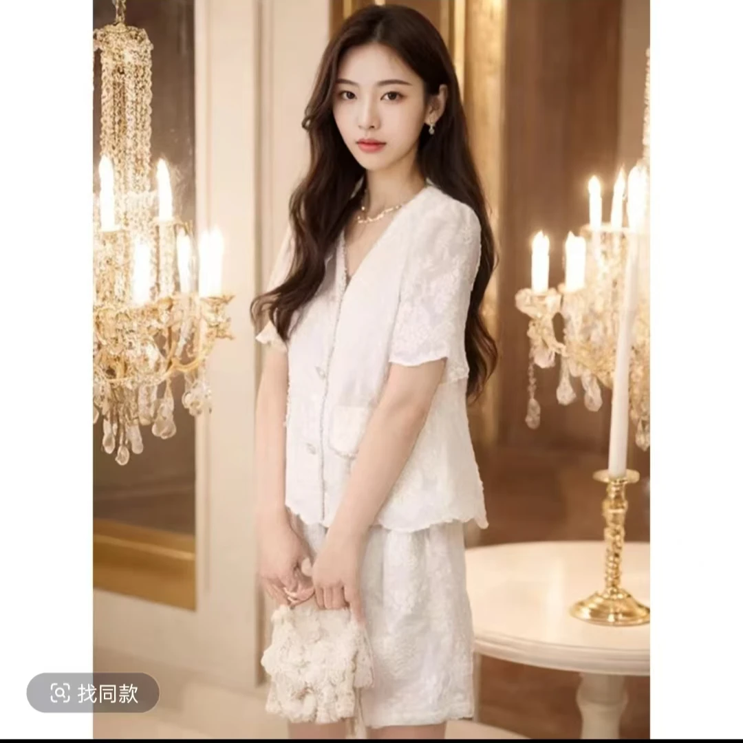 547小仙女白色套装裙女年夏季新款重工蕾丝钉珠短袖+显瘦半身裙