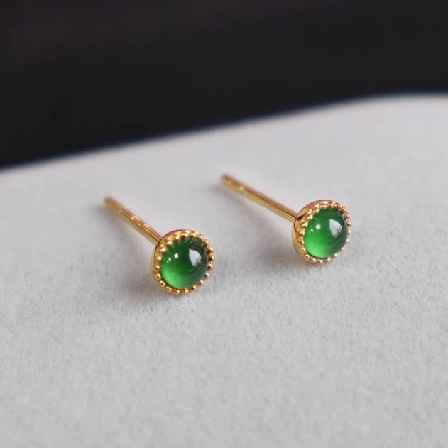 铜合金耳饰 小灯泡翠绿蛋面锆石耳钉女款简约镶嵌金色耳饰高级感