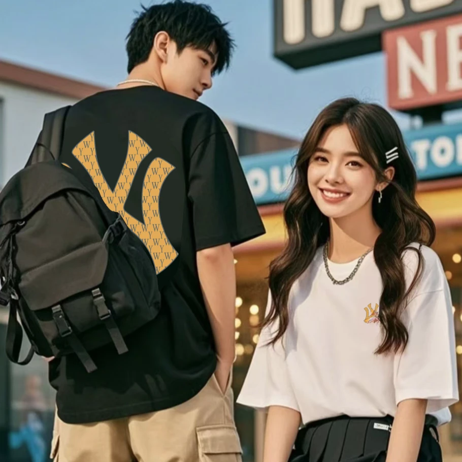 【万达专属】夏季男女同款时尚百搭T恤圆领宽松潮短袖-新款米字金标