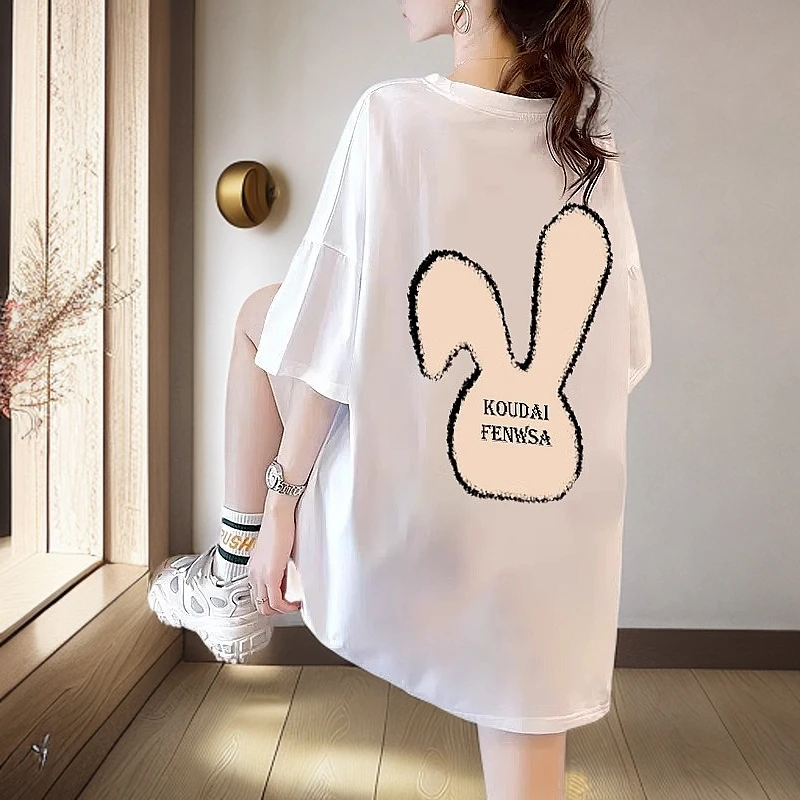 2025夏季新款纯棉白色短袖t恤女宽松中长款洋气休闲半袖显瘦T恤衫