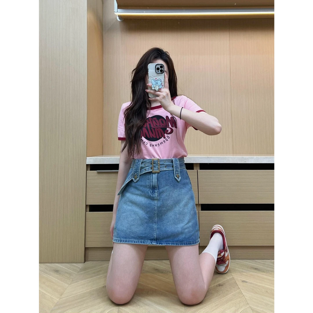 复古辣妹 巨鹿工作室微胖mm显瘦高腰设计感包臀牛仔半身裙