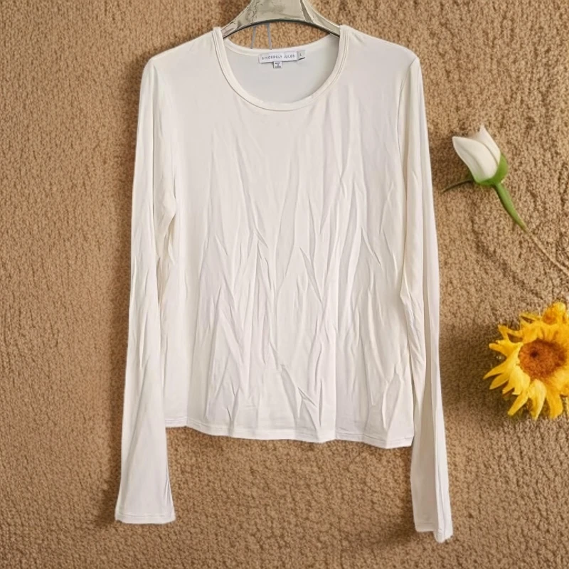 A/505809潮流舒适休闲百搭圆领修身长袖T恤打底衫套头纯色白色