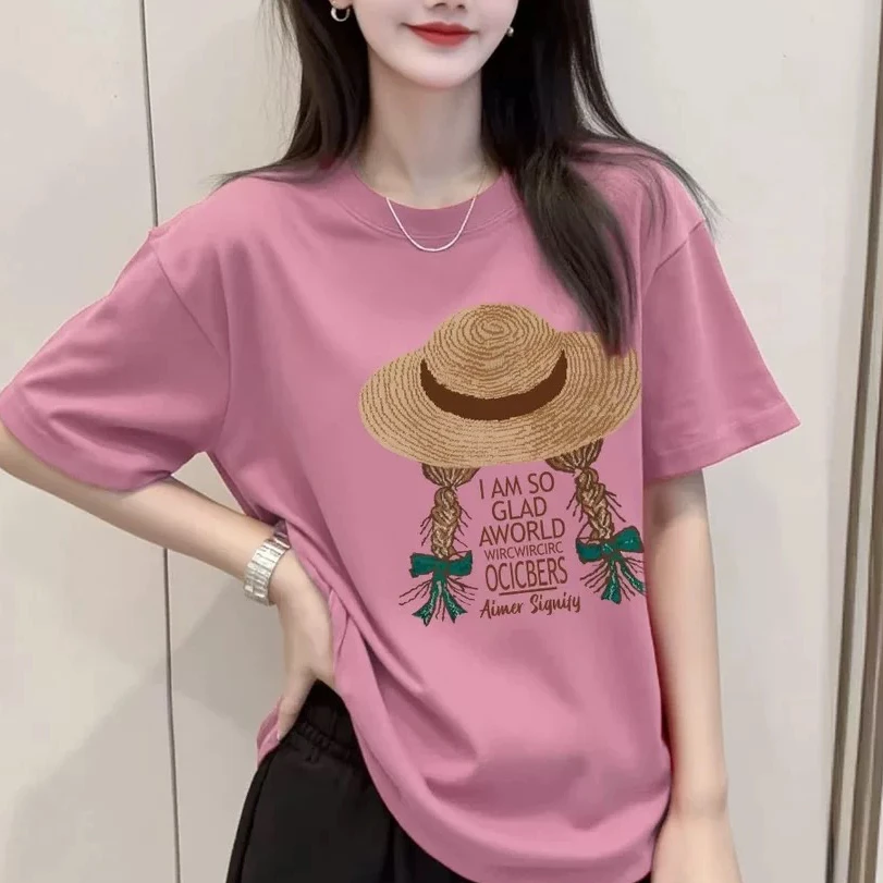 【草帽女孩】纯棉高品质大版短袖T恤 印花宽松休闲时尚纯棉A
