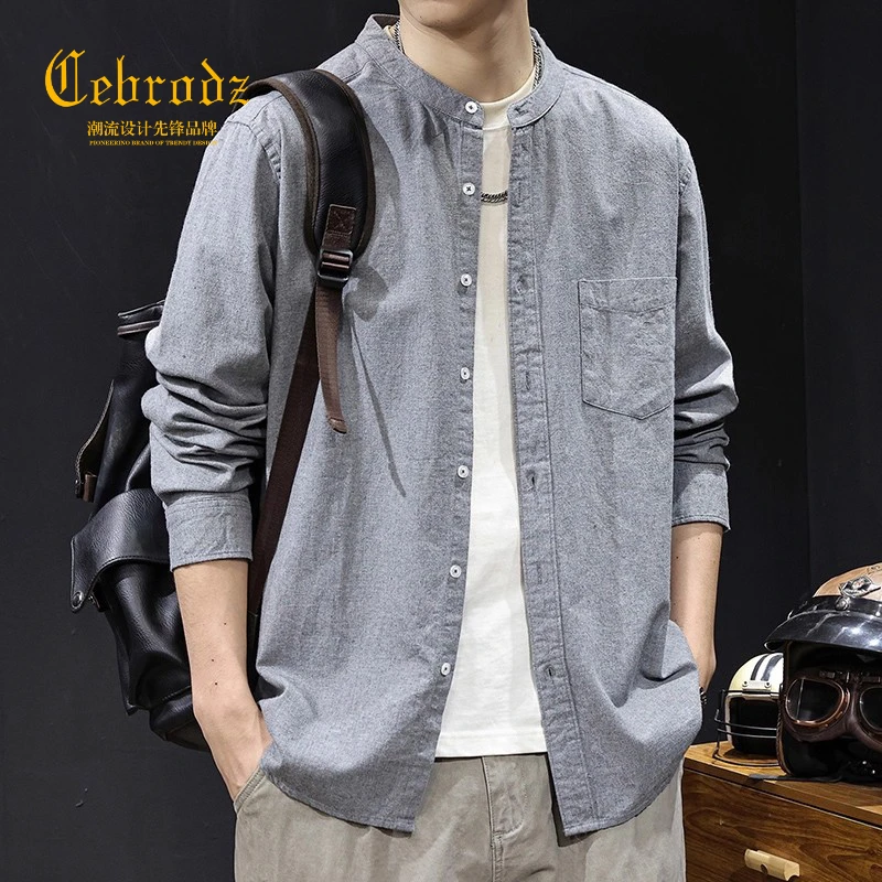 法国Cebrodz秋季新款长袖衬衫男士美式休闲重磅磨毛衬衣外套宽松