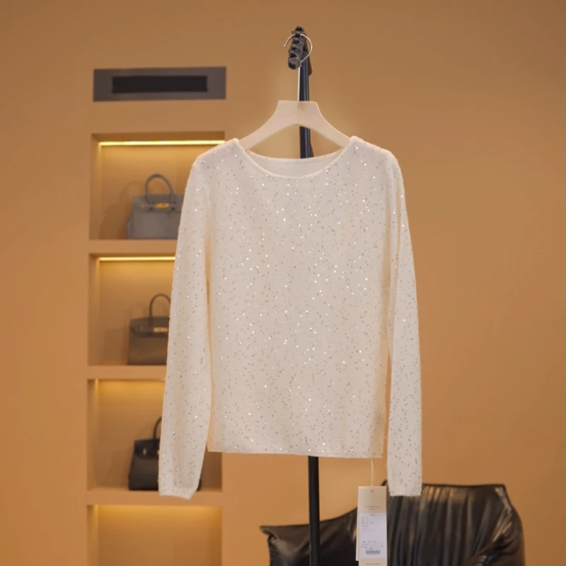 【48小时发货】【坠落星河】~圆领百搭亮片针织衫-Y14194