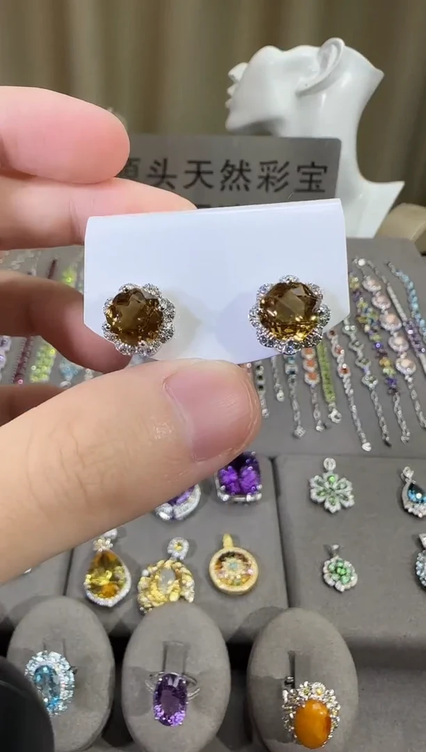 银S925镶嵌耳饰黄晶11mm耳钉玫瑰款