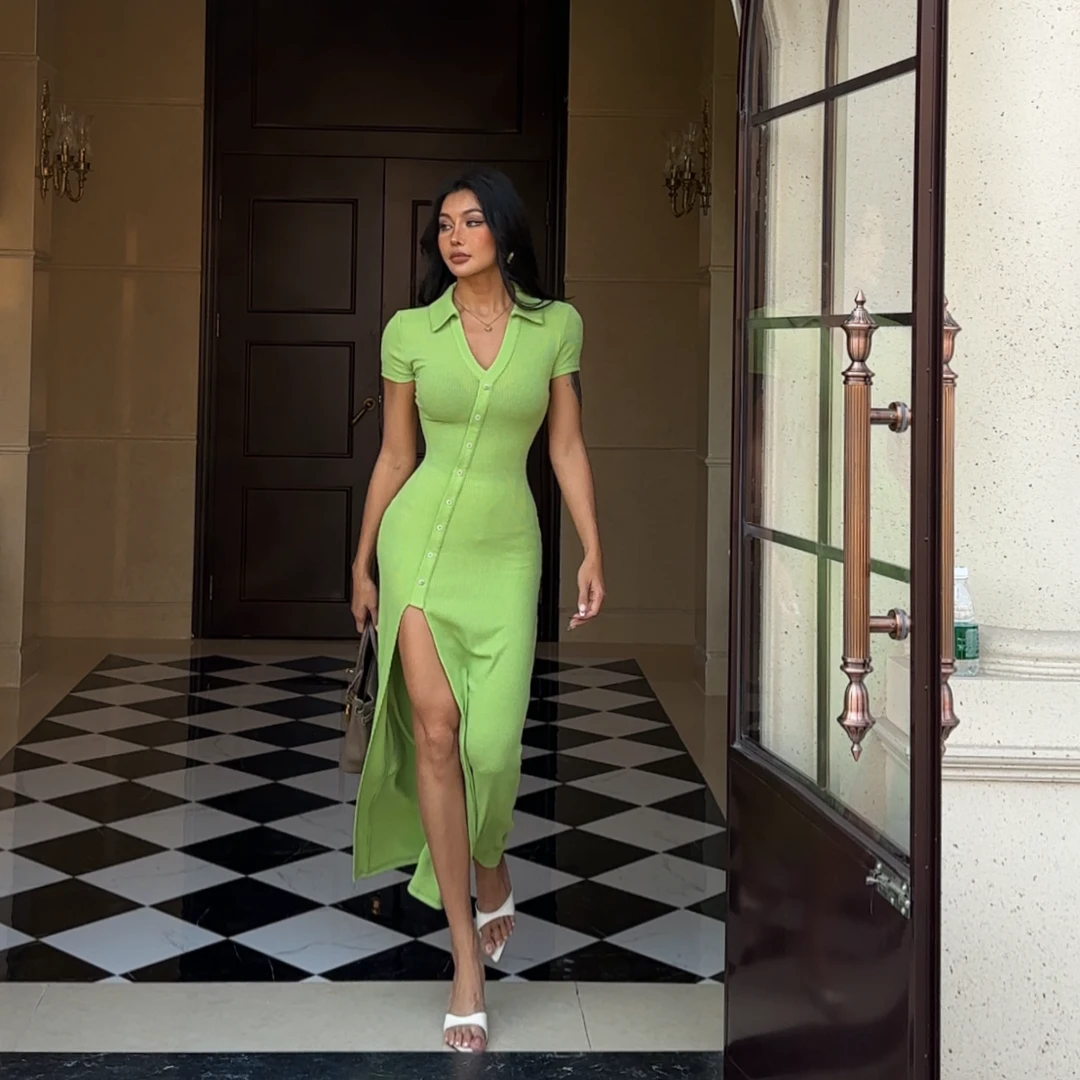 【蜜蜜家】青柠薄荷 欧美辣妹显瘦性感复古斜襟开衩连衣裙 25/Y532