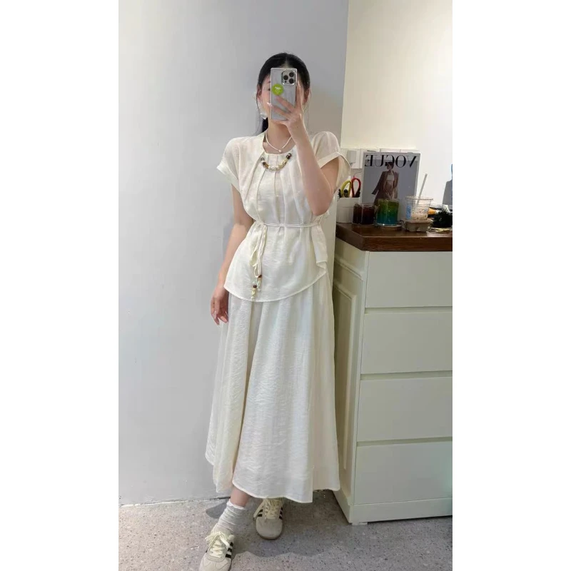 X219113-夏季新款时尚套装女设计感小众韩系上衣飘逸半身裙两件套