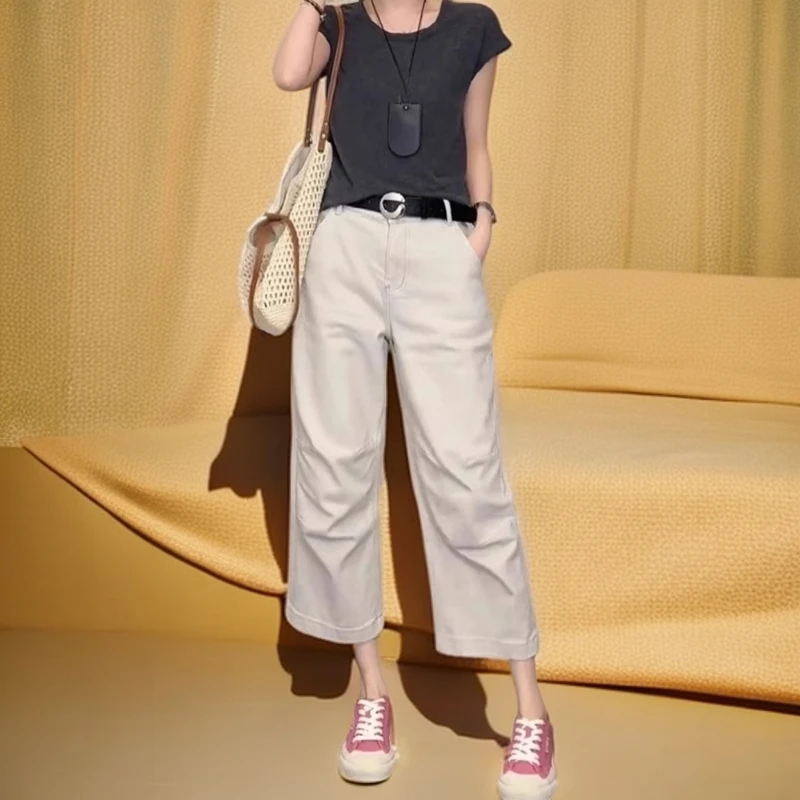 白色牛仔八分裤女款2025新款松弛感高腰显瘦小个子夏季薄款阔腿裤