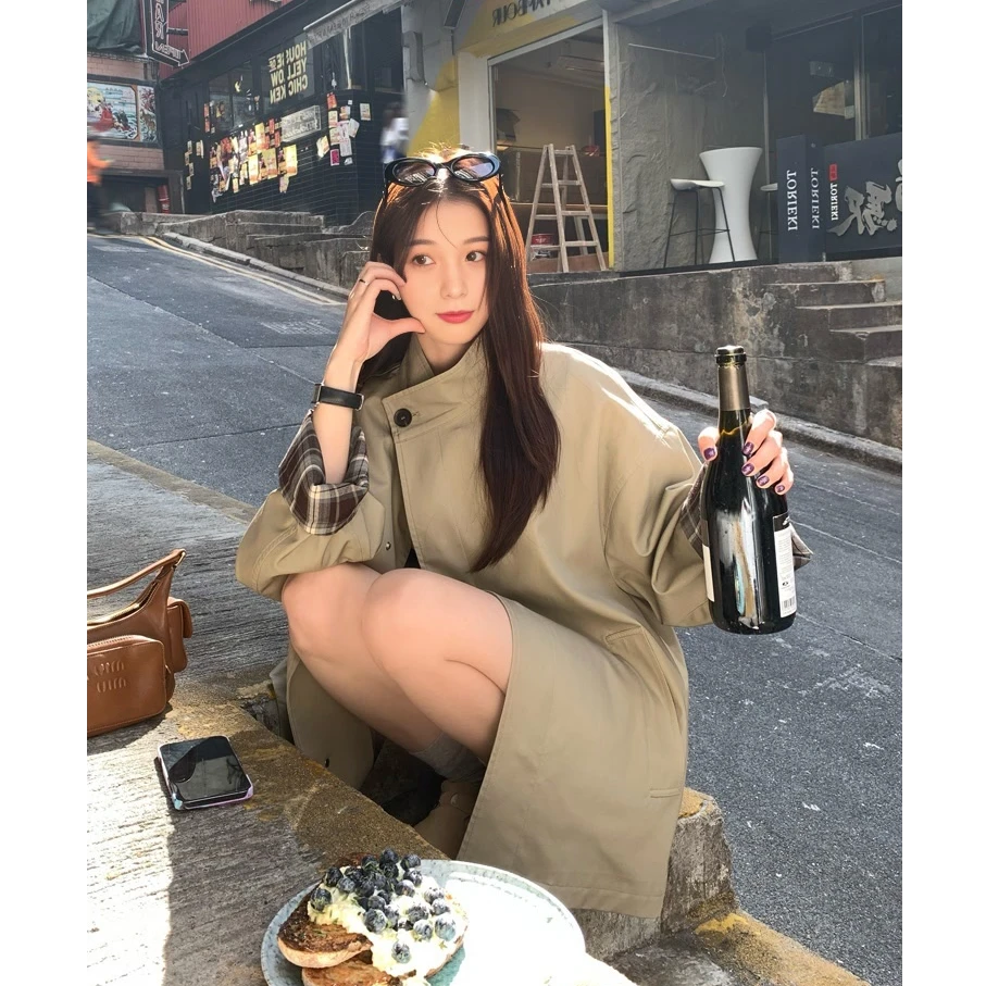 LOSA ROSA高级感小个子撞色短款风衣外套女宽松廓形英伦风大衣