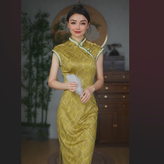 新款黄色日常优雅单旗袍气质夏季无袖斜襟旗袍修身中国风复古显瘦