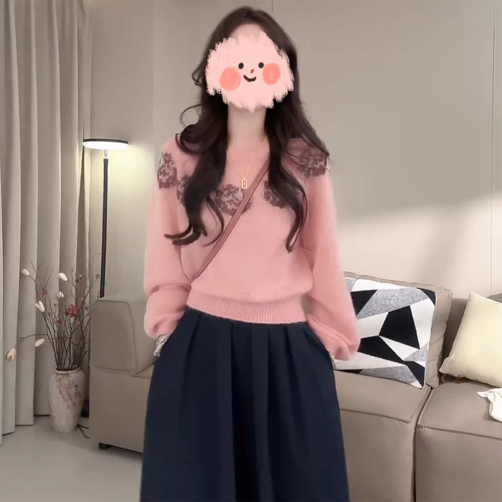 秋季新款套头款长袖休闲INS风圆领毛衣慵懒风宽松针织上衣C6424