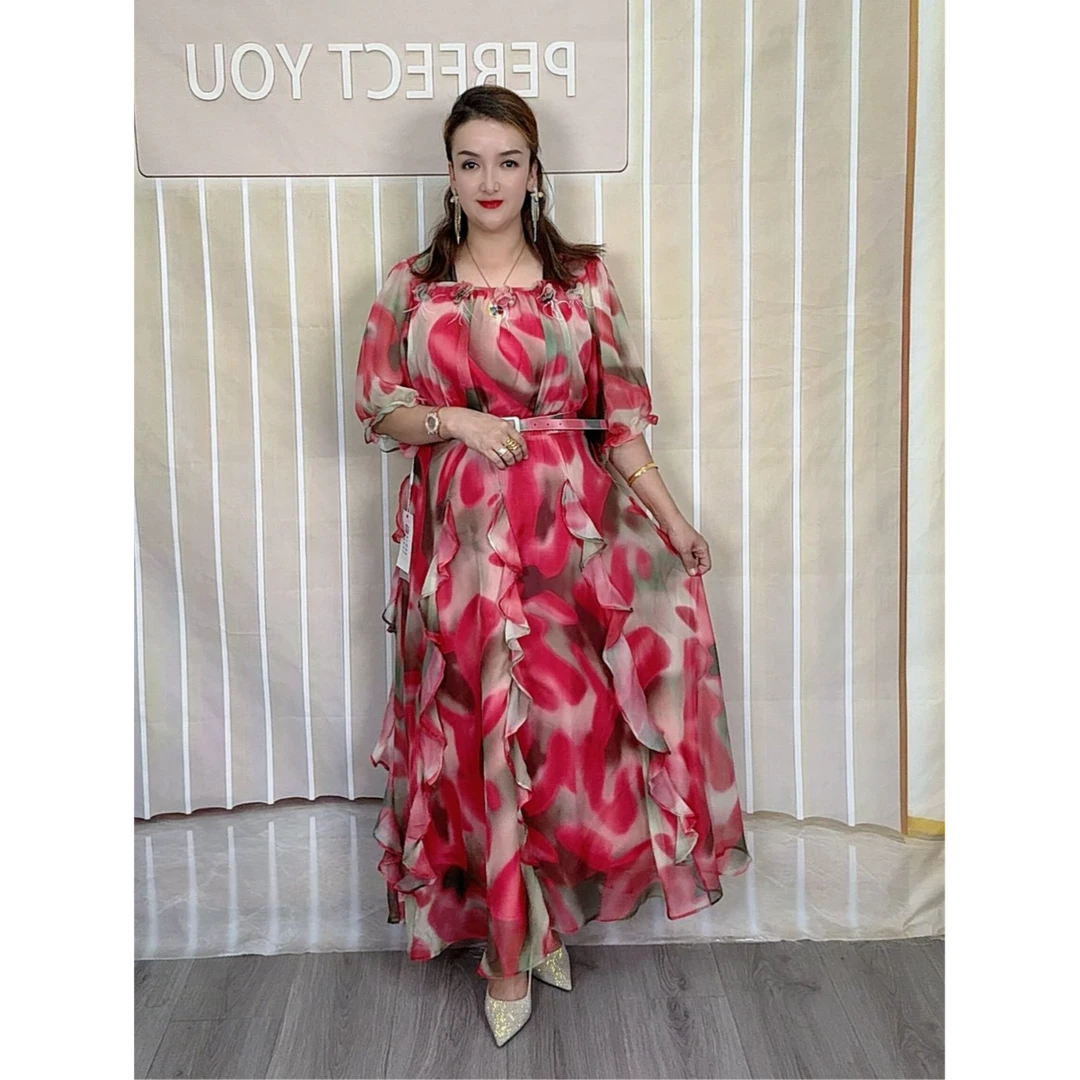 套头中袖印花学院风夏季连衣裙显瘦修身沙滩裙花色توخوڭ گىرىپ