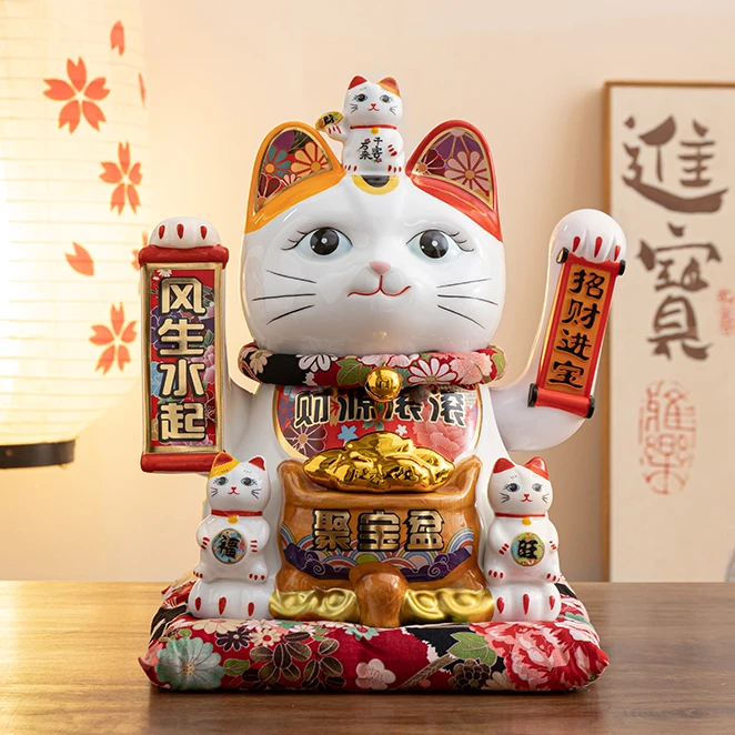 新款睁眼招财猫摆件电动摇手居家摆放开业礼物送礼风生水起陶瓷猫