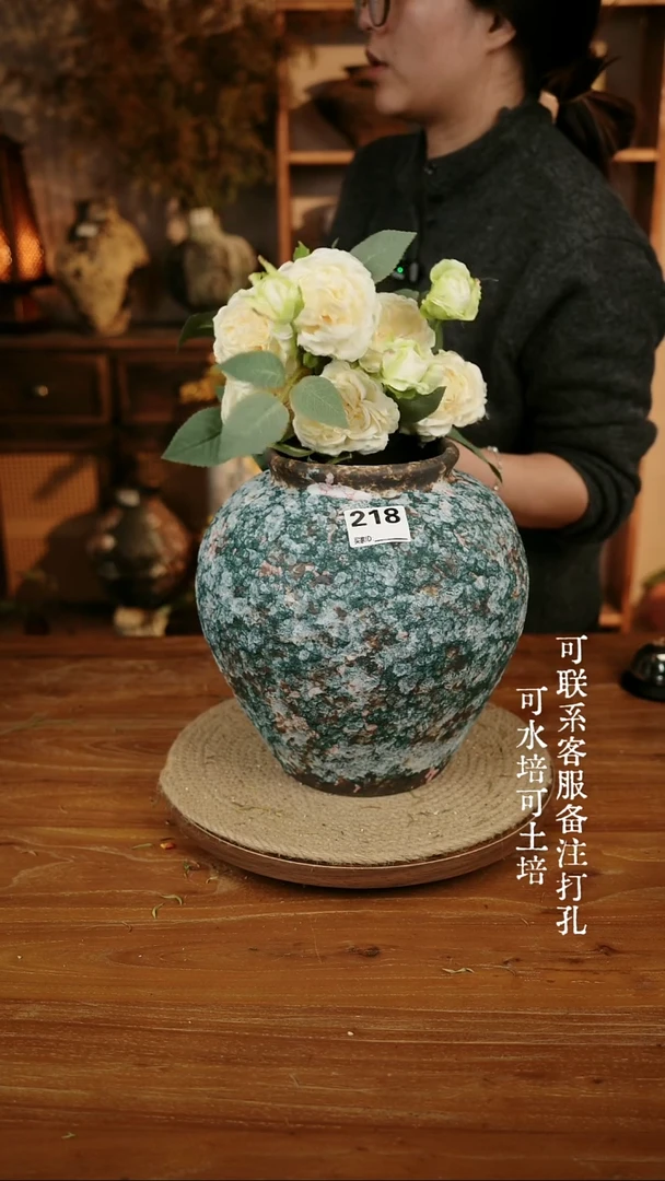 摆件陶218孔雀绿大肚瓶可水培可土培