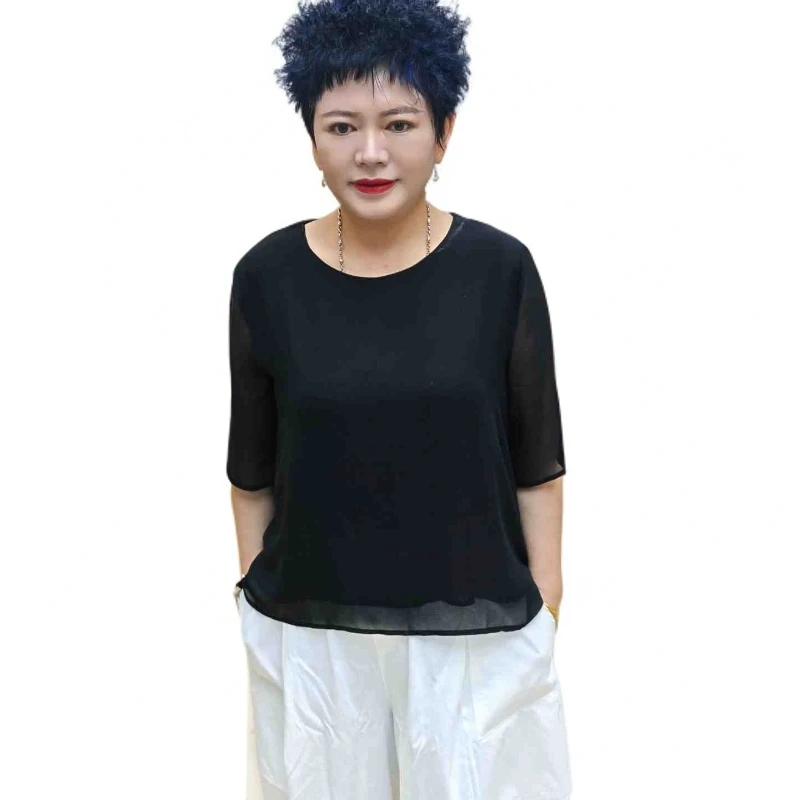 052#大码显瘦圆领夏季混纺纱宽松小衫休闲风百搭