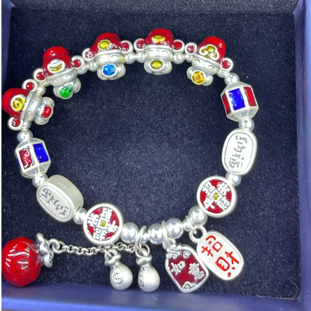 足银手链 足银999手工DIY时尚民族风复古彩色穿绳单圈银制品手链