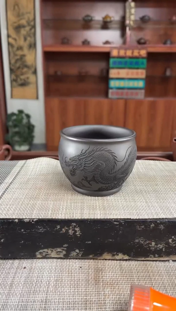 茶杯紫砂石黄刻龙缸杯主人杯泡沫装