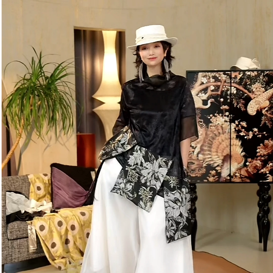 篱君【简白】小衫气质型夏季高级衬衫打底衫时尚百搭黑色拼接上衣