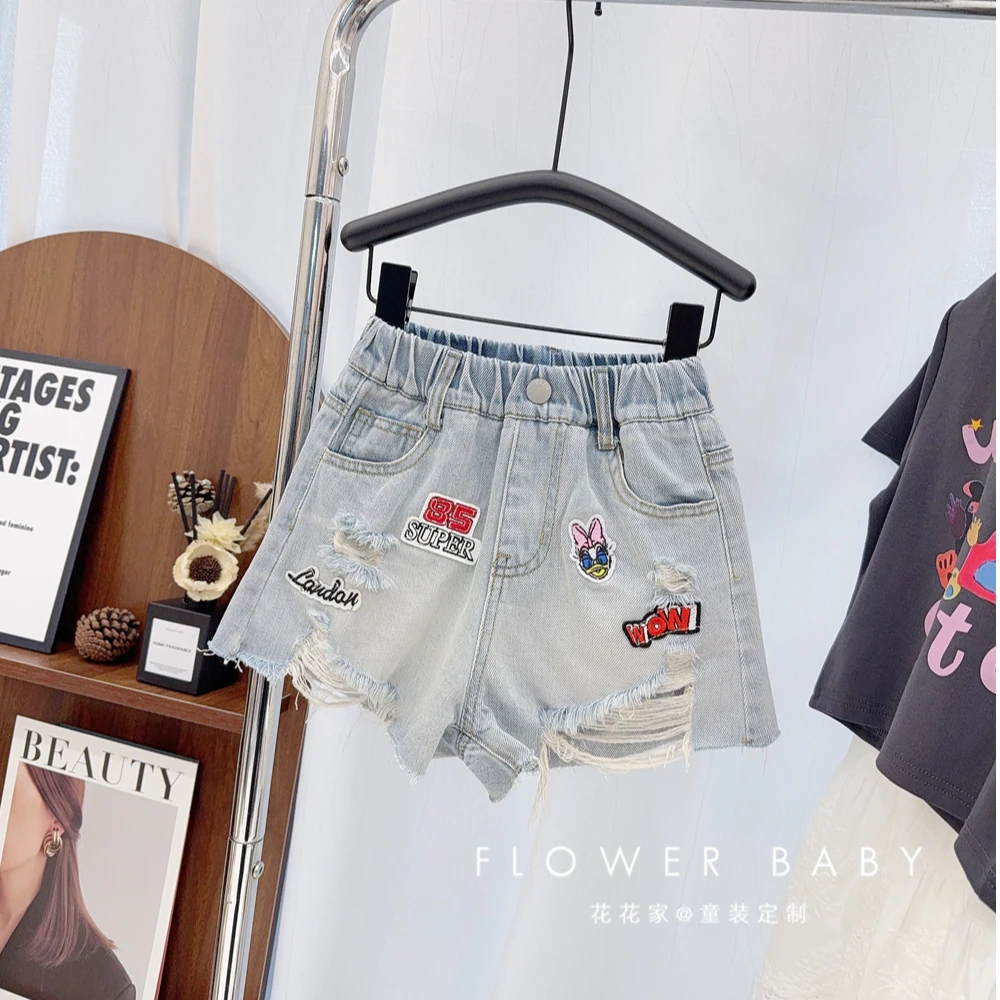 韩版女童装儿童中大童夏季时髦洋气卡通贴布牛仔短裤亲子装少女装
