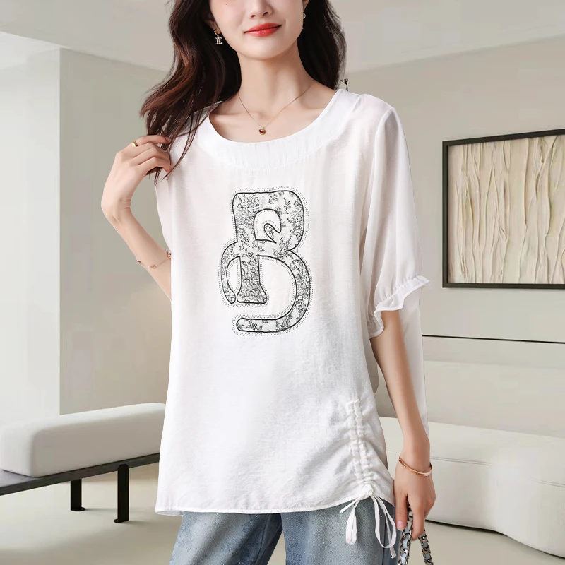 白色圆领字母印花短袖t恤女士2025夏季新款时尚宽松显瘦休闲上衣