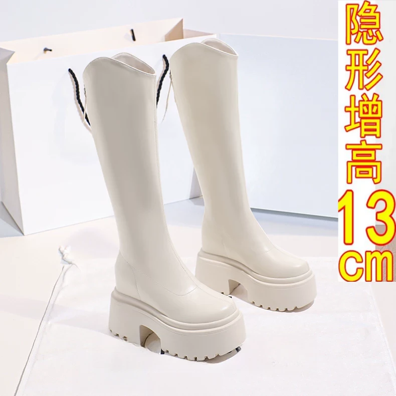 小个子不过膝长靴女2024冬季新款厚底内增高筒13CM百搭骑士长筒靴