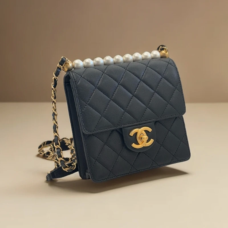 99新 Chanel/香奈儿 珍珠款woc 黑金菱格纹 镭射27开【N0070】