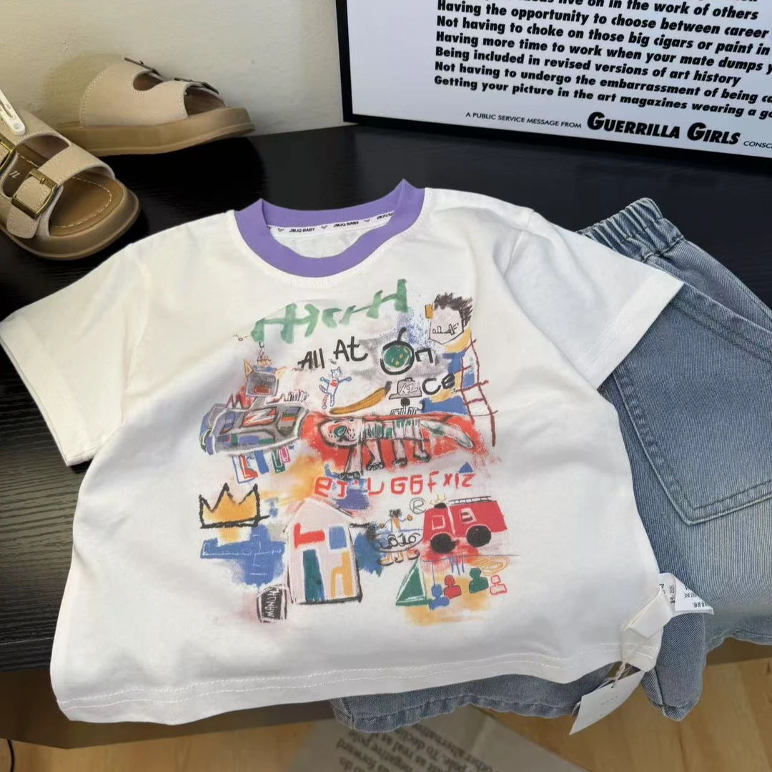 YM 【JMJQ 25291】夏季新款儿童印花休闲圆领百搭男童白色短袖