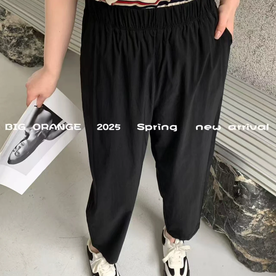 大橘子夏季新款大码高腰薄料净版休闲纸皮裤2351夏款九分百搭时尚